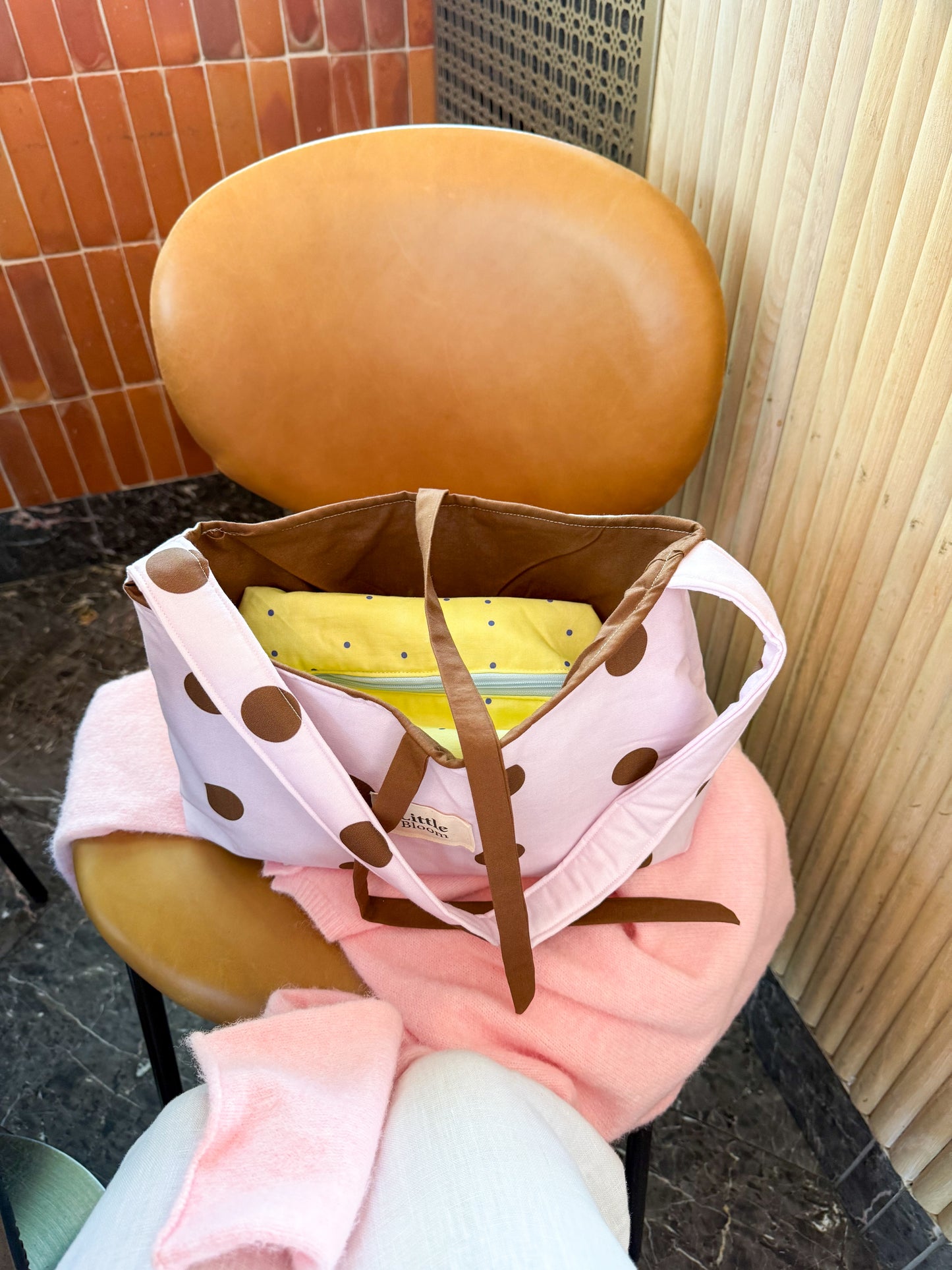 Handmade Cotton Shoulder Bag: Pink Polka Dot Tote Bag for Women