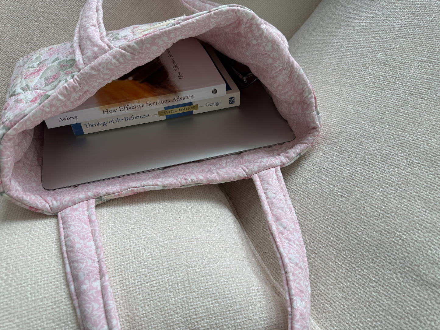 Pink Floral Quilted Tote Bag | Padded Cotton Shoulder Bag for Women