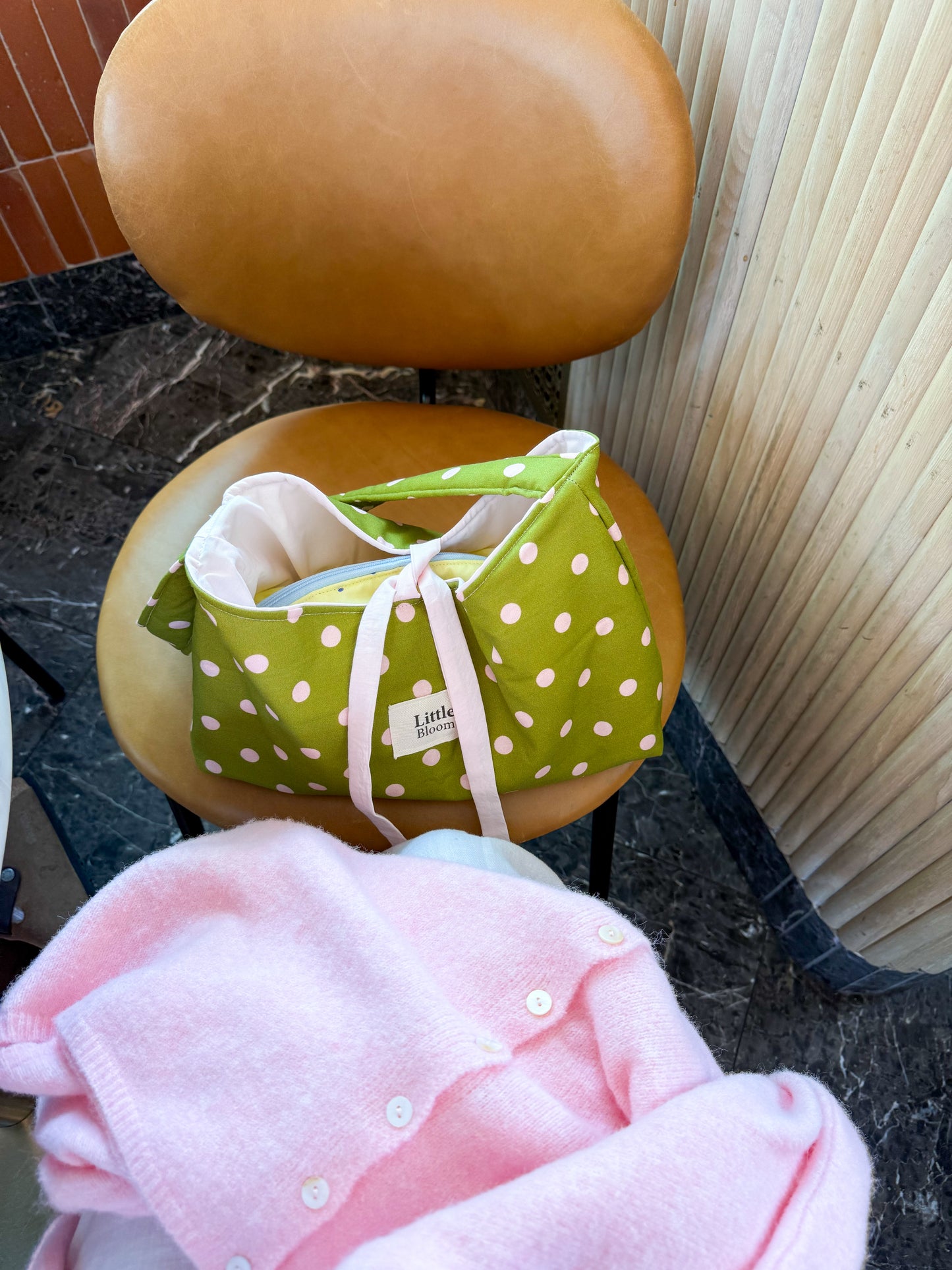 Handmade Cotton Shoulder Bag: green Polka Dot Tote Bag for Women