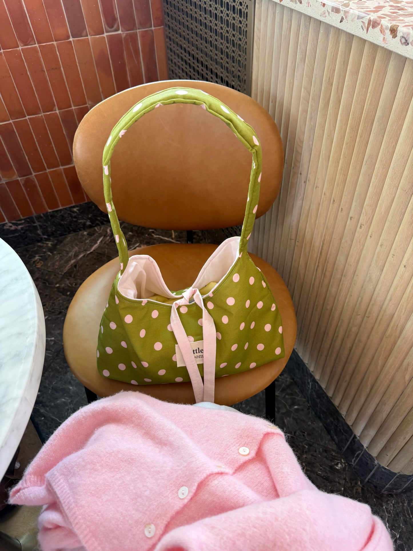 Handmade Cotton Shoulder Bag: green Polka Dot Tote Bag for Women